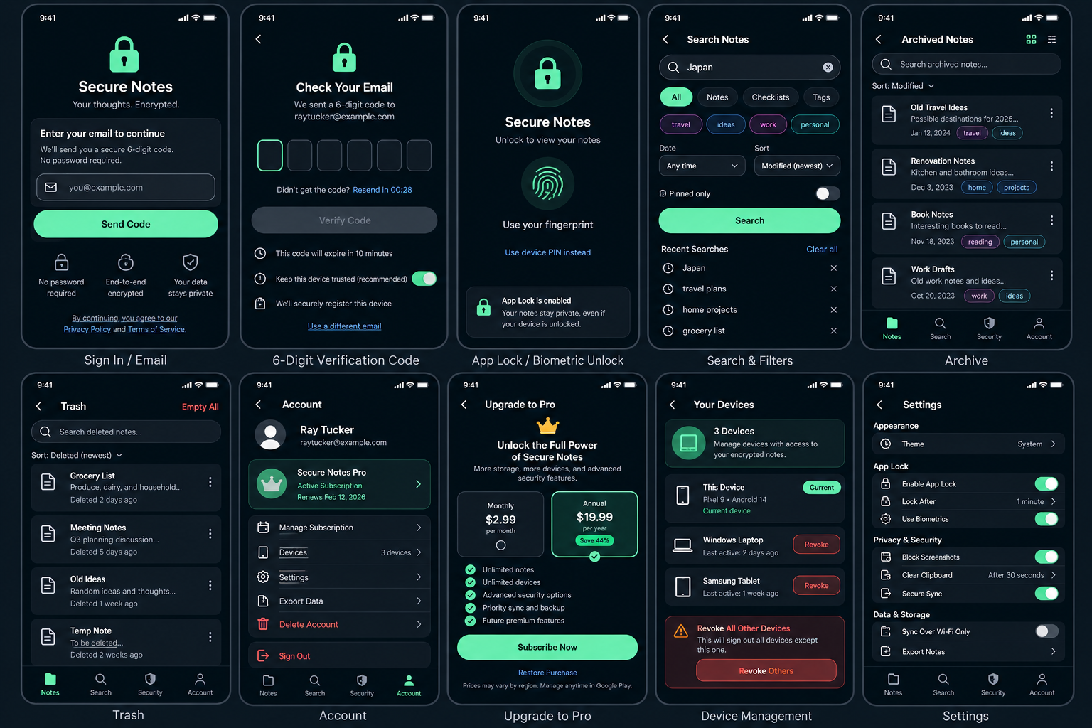 Secure Notes V1 screens including sign in, app lock, search, archive, account, upgrade, devices and settings
